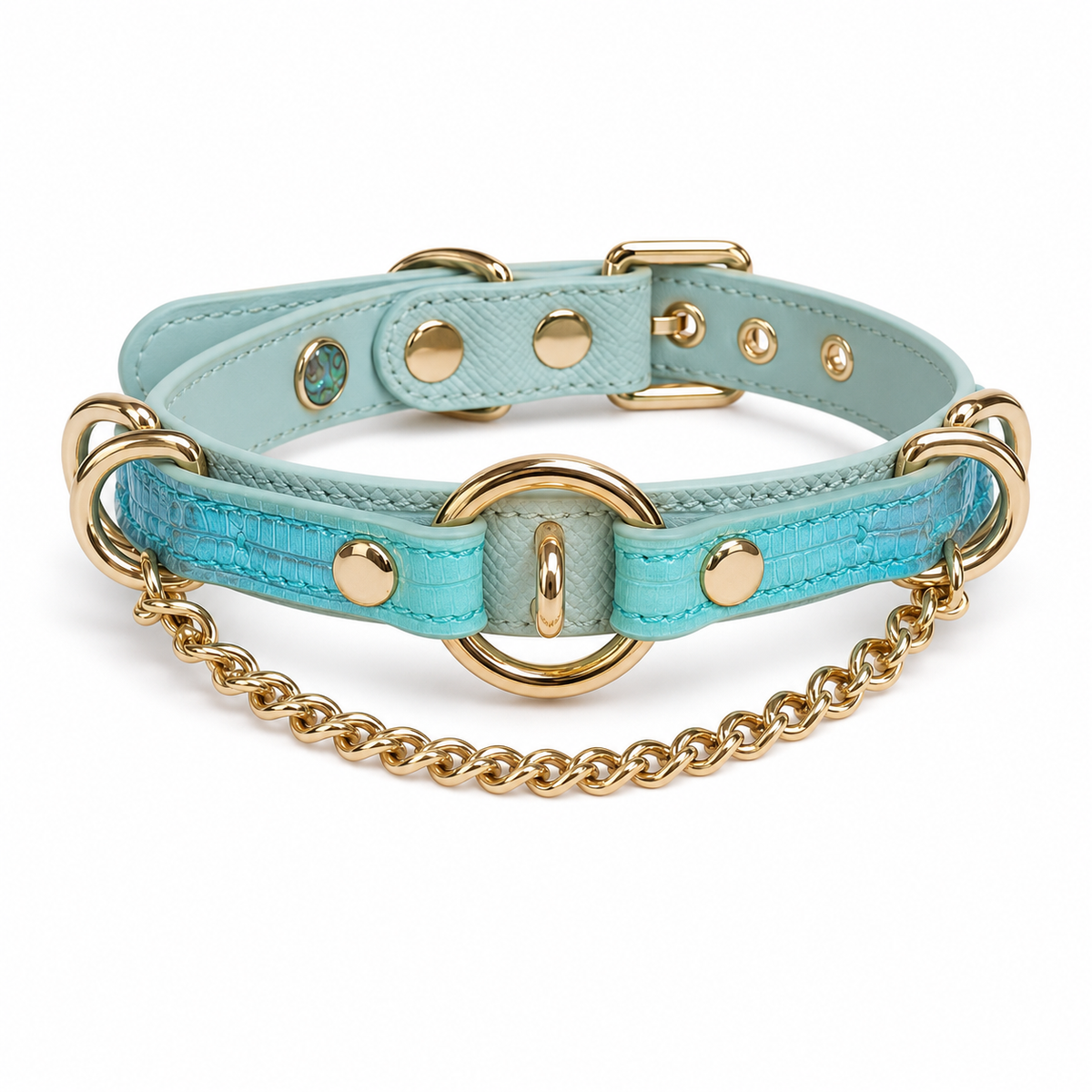 Handmade Aqua Blue O-Ring BDSM Collar with Gold-Tone Chain