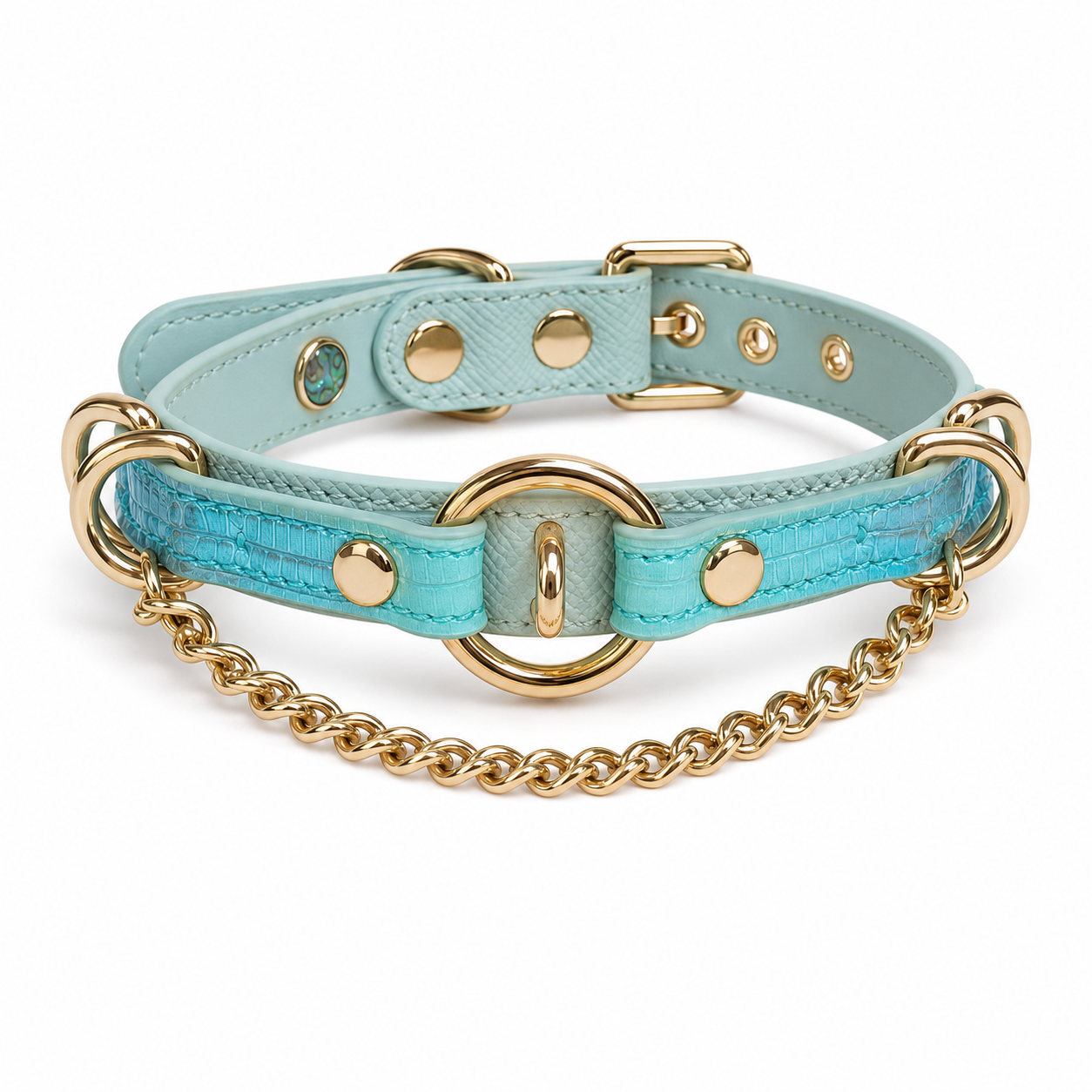 Handmade Aqua Blue O-Ring BDSM Collar with Gold-Tone Chain