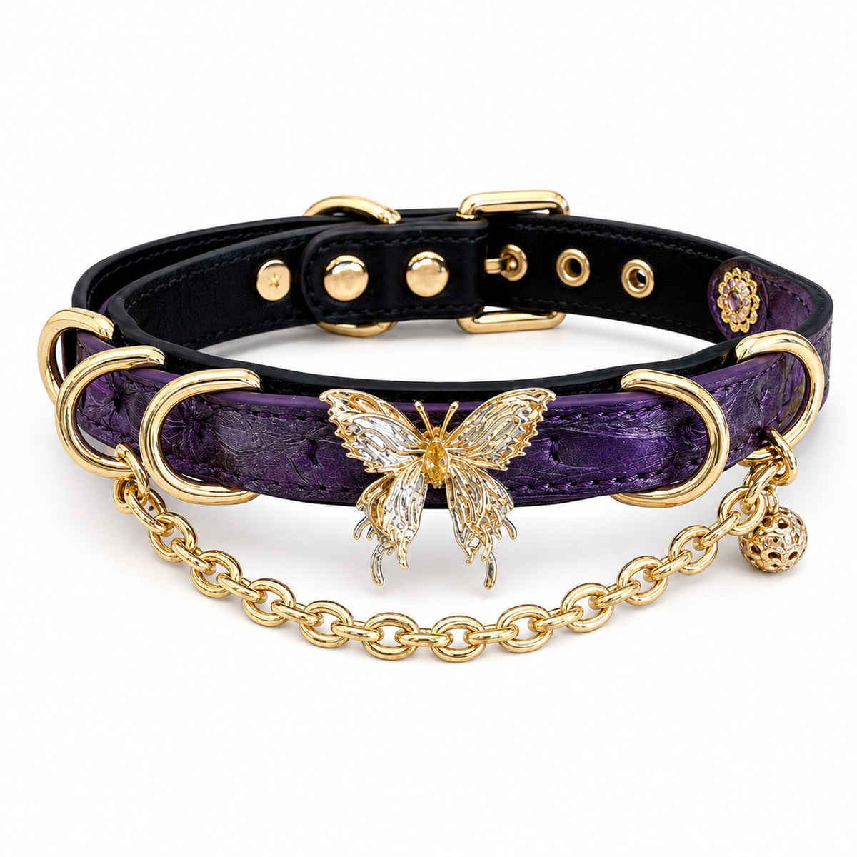 Handmade Metallic Purple Butterfly BDSM Collar with Gold-Tone Chain