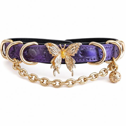 Handmade Metallic Purple Butterfly BDSM Collar with Gold-Tone Chain