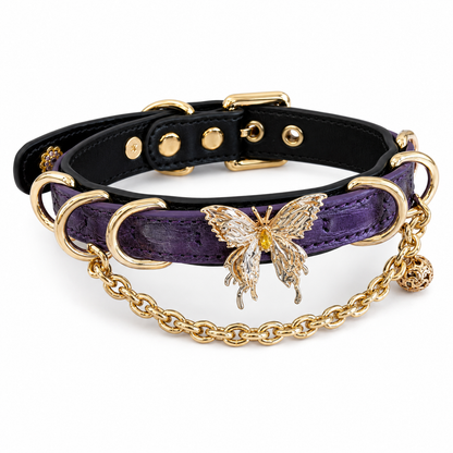 Handmade Metallic Purple Butterfly BDSM Collar with Gold-Tone Chain