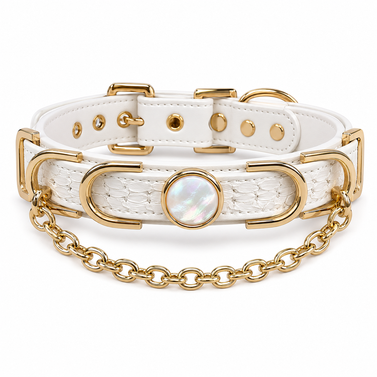 Handmade White Iridescent BDSM Collar with Gold-Tone Chain
