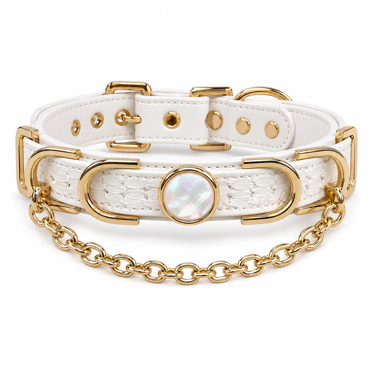 Handmade White Iridescent BDSM Collar with Gold-Tone Chain