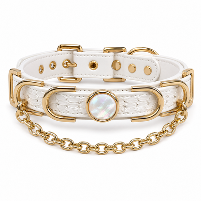 Handmade White Iridescent BDSM Collar with Gold-Tone Chain