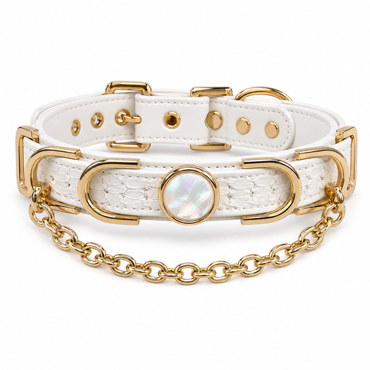 Handmade White Iridescent BDSM Collar with Gold-Tone Chain