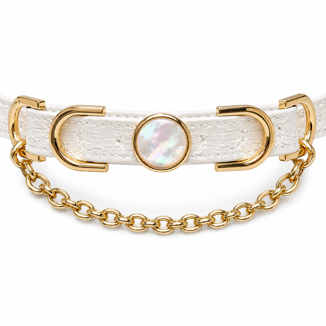 Handmade White Iridescent BDSM Collar with Gold-Tone Chain
