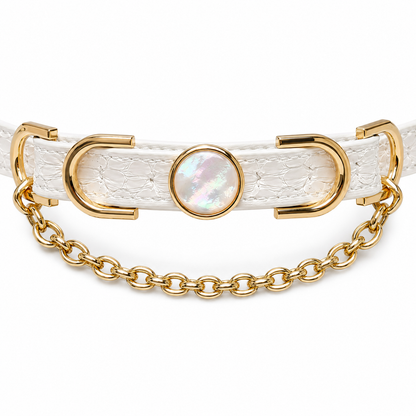 Handmade White Iridescent BDSM Collar with Gold-Tone Chain