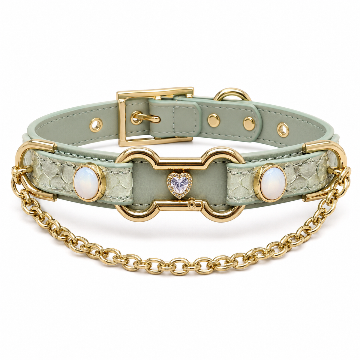 Handmade Sage Green Heart BDSM Collar with Gold-Tone Chain