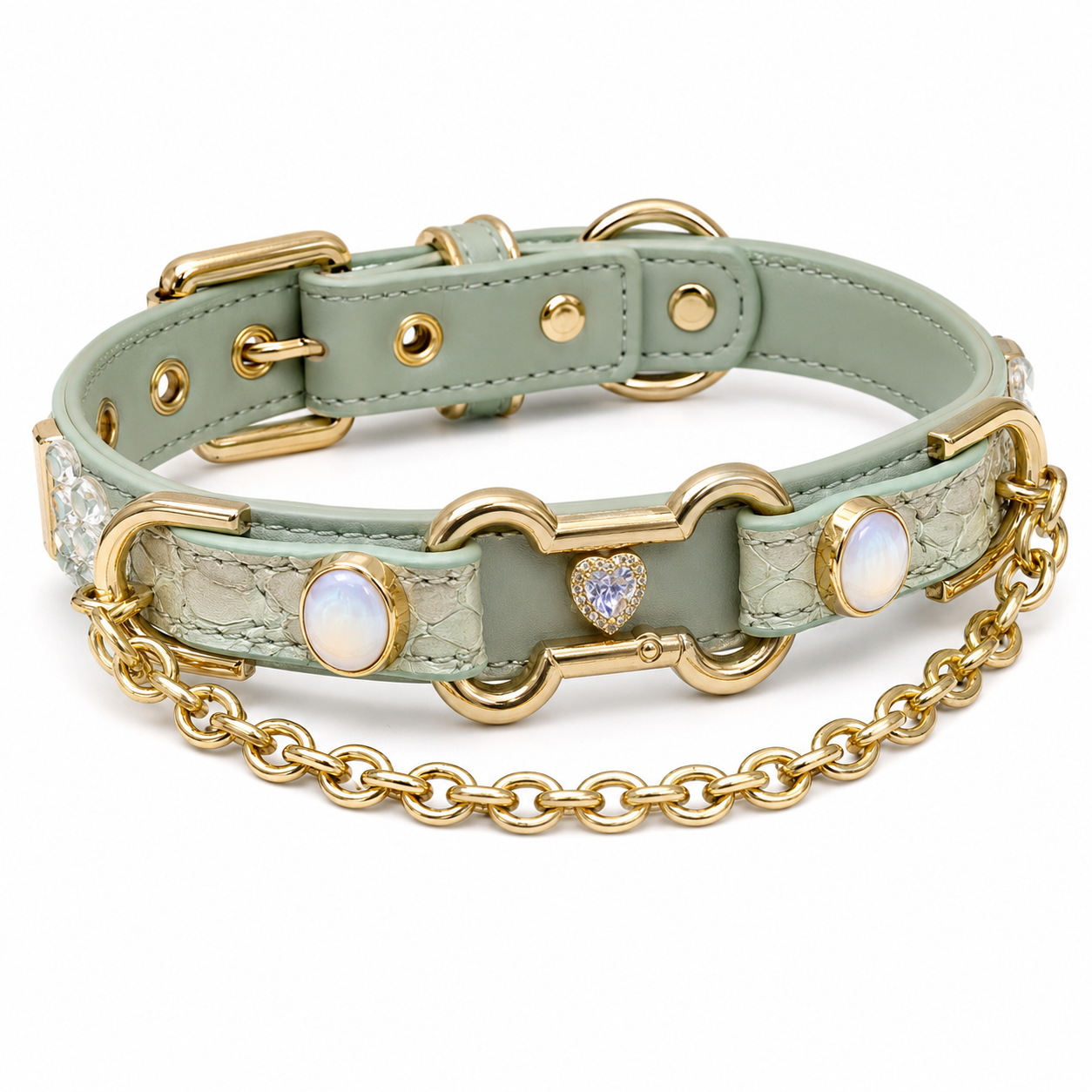 Handmade Sage Green Heart BDSM Collar with Gold-Tone Chain