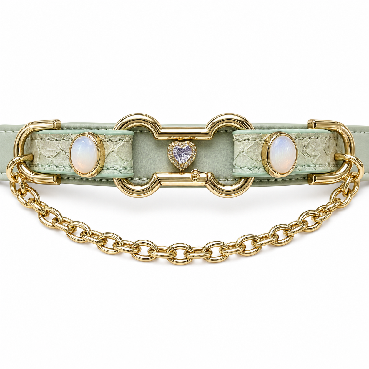 Handmade Sage Green Heart BDSM Collar with Gold-Tone Chain