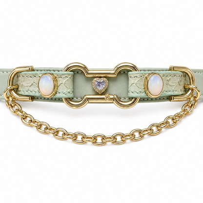 Handmade Sage Green Heart BDSM Collar with Gold-Tone Chain