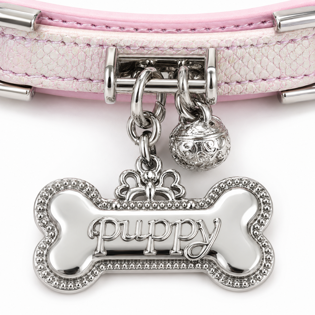 Pink Pearl Scale Choker Collar with Silver Puppy Tag & Bell