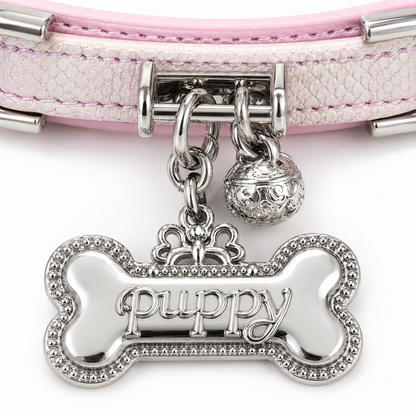 Pink Pearl Scale Choker Collar with Silver Puppy Tag & Bell