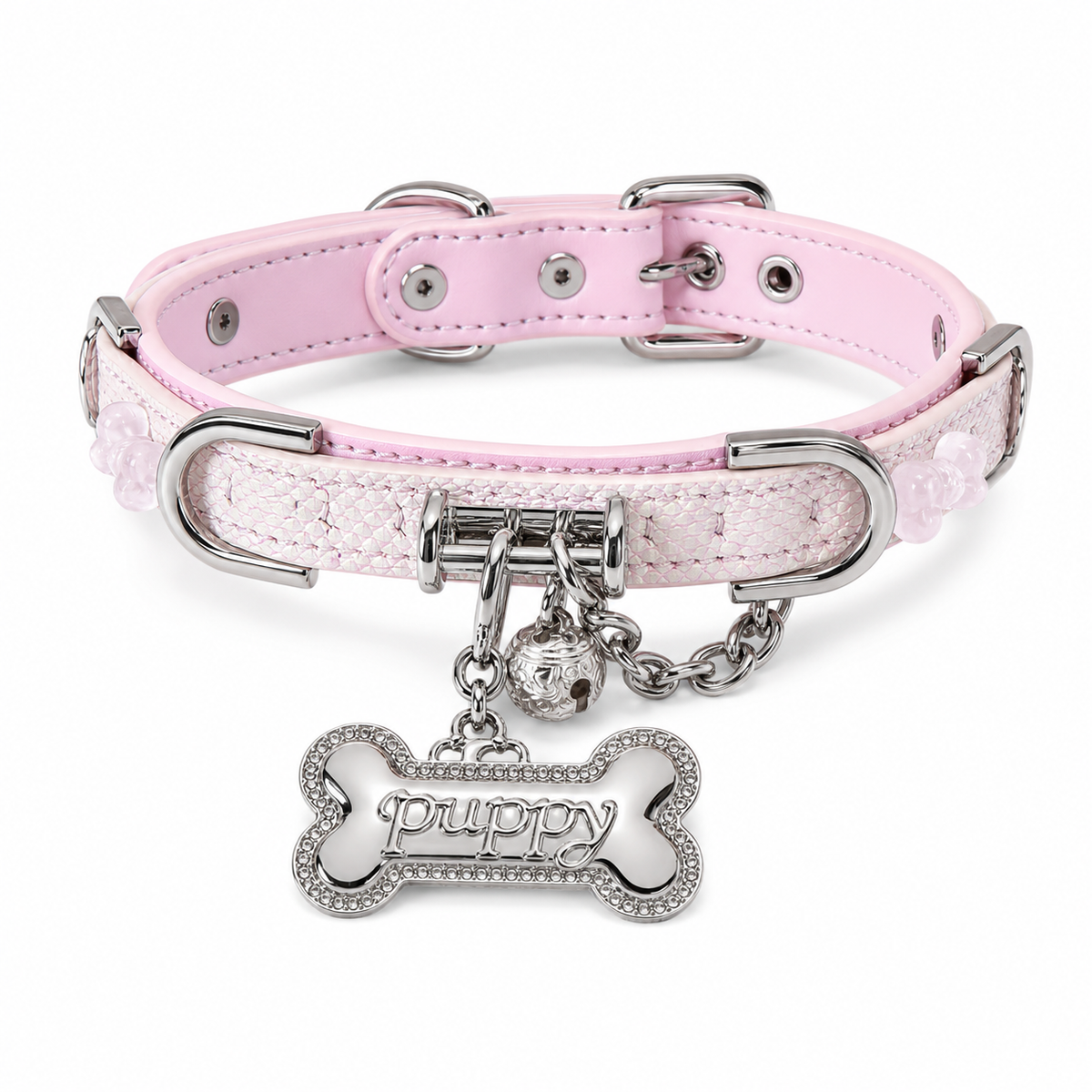 Pink Pearl Scale Choker Collar with Silver Puppy Tag & Bell