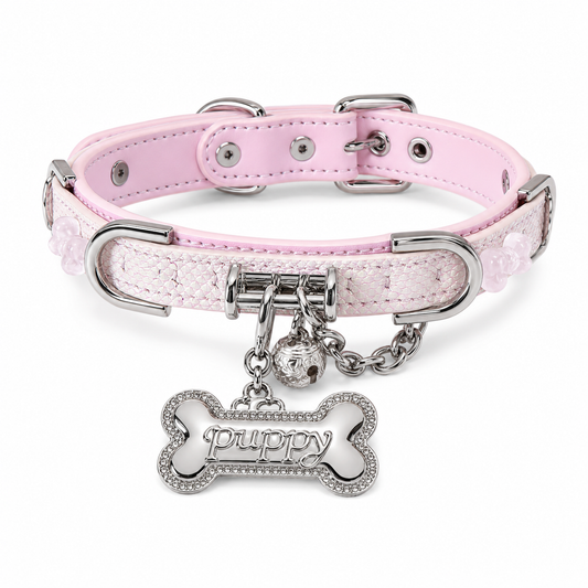 Pink Pearl Scale Choker Collar with Silver Puppy Tag & Bell
