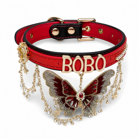 BOBO Crimson Butterfly Collar – Red Jeweled Choker with Gold Chains
