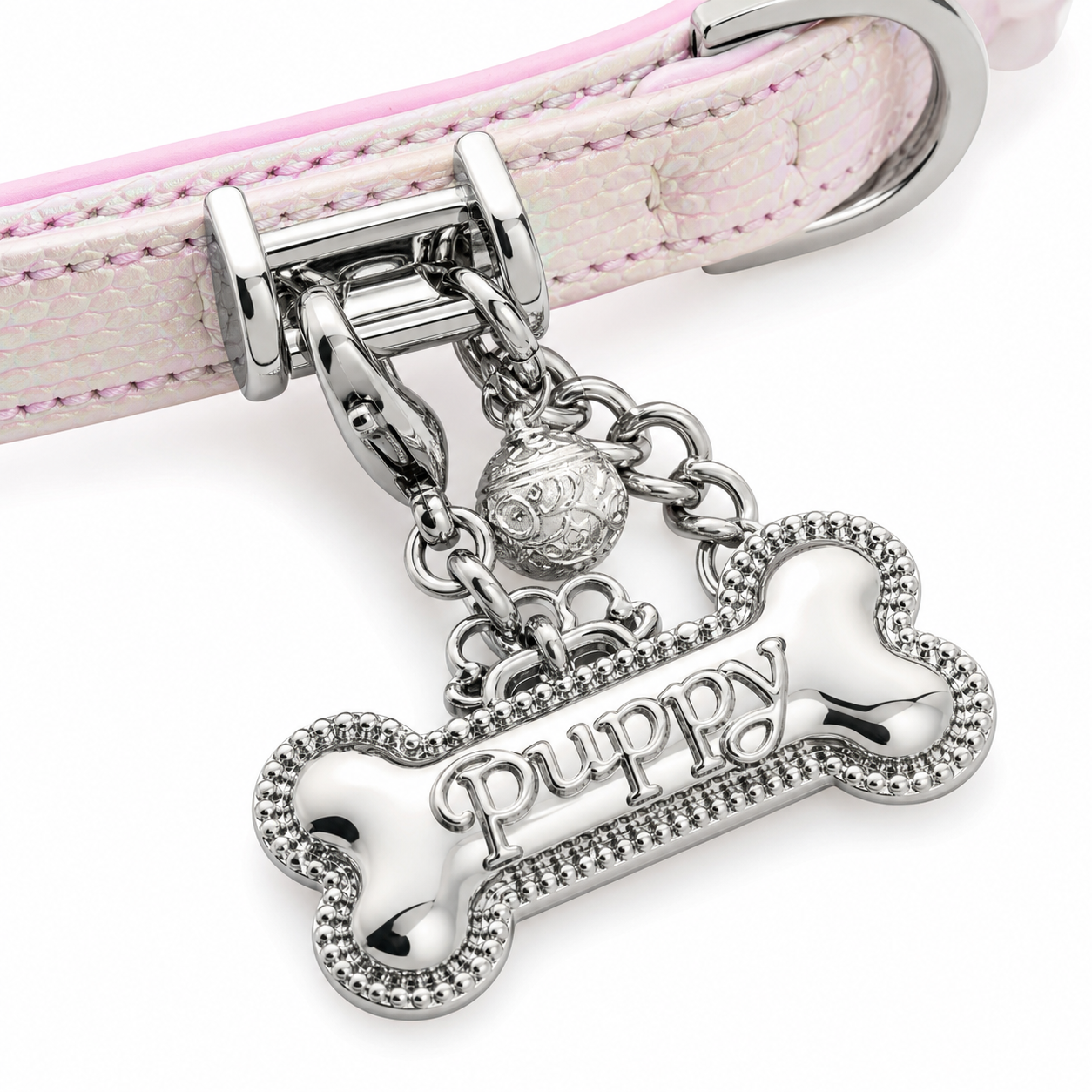 Pink Pearl Scale Choker Collar with Silver Puppy Tag & Bell