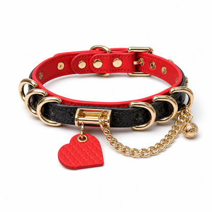 Red & Black Luxury Pet Collar with Gold Hardware and Heart Charm