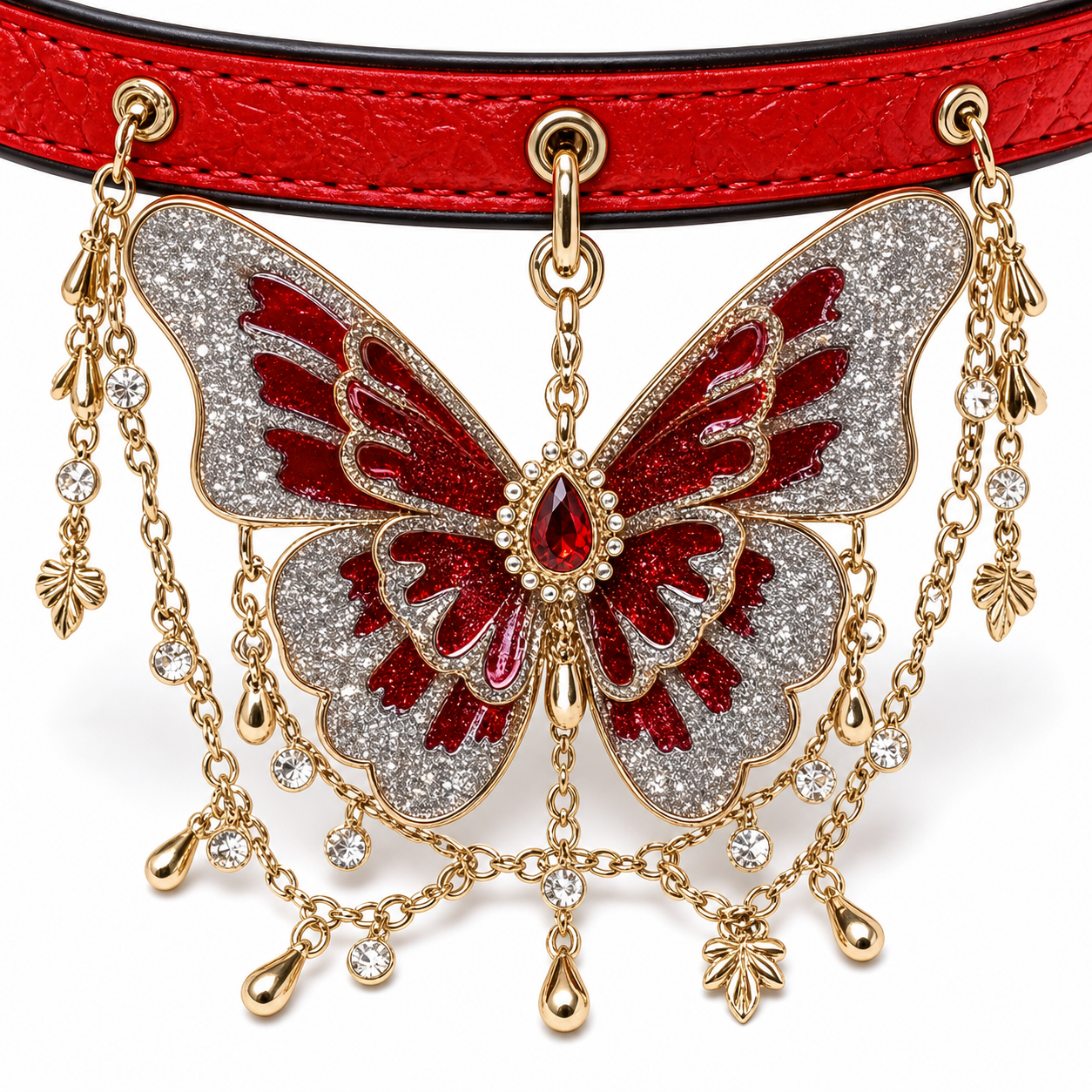 BOBO Crimson Butterfly Collar – Red Jeweled Choker with Gold Chains