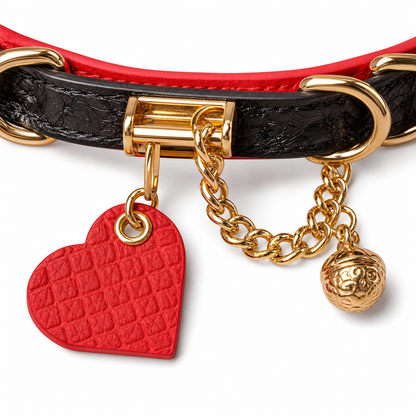 Red & Black Luxury Pet Collar with Gold Hardware and Heart Charm