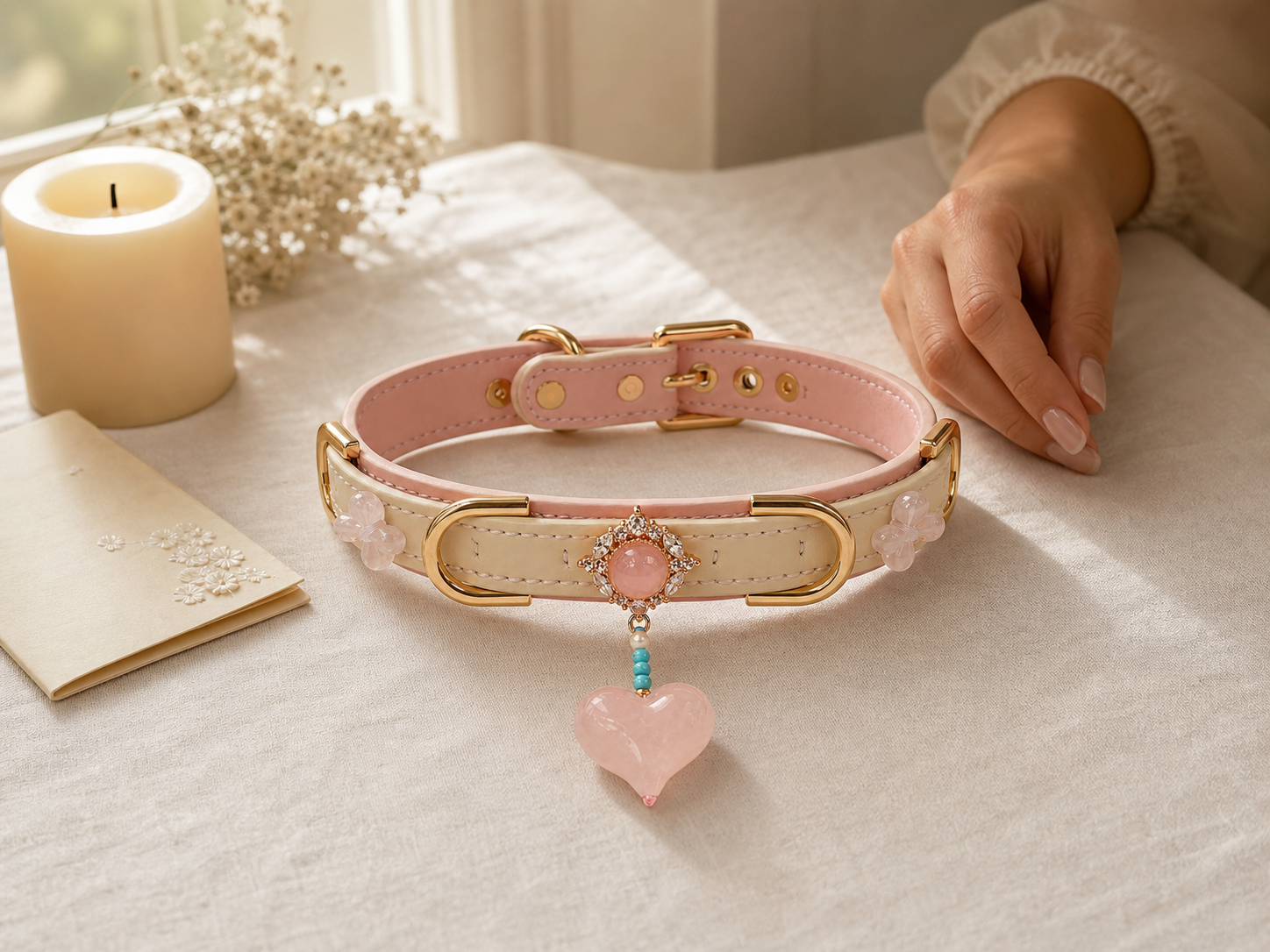 XESODIT blush pink collar arranged on white linen beside a candle and handwritten card