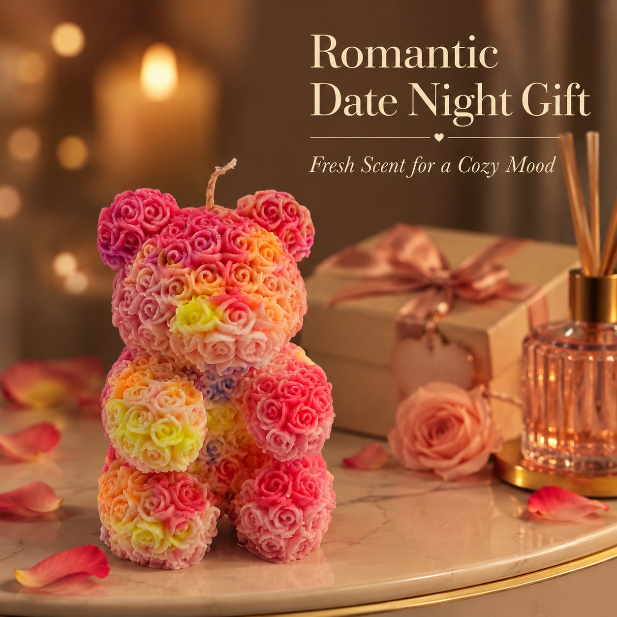 Rose Bear candle styled as a romantic gift
