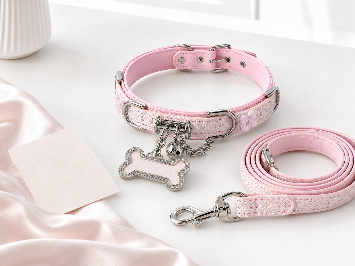 XESODIT pink collar with matching leash showing comfort-focused hardware and soft lining